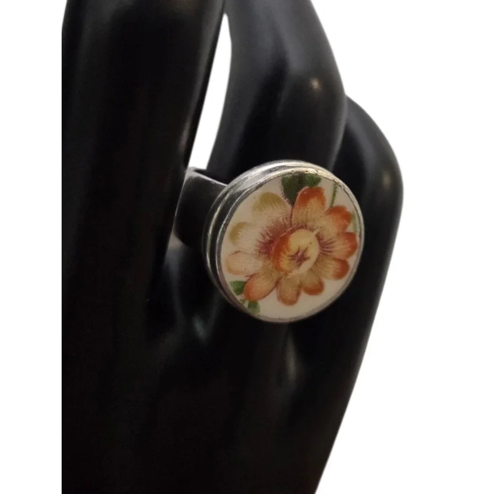 Women's Size 7 Baroque Handpainted Ceramic Flower Sterling 925 Vintage Wide Ring